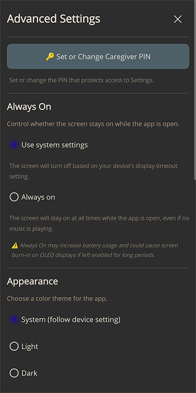 Remiio advanced settings screen to set a caregiver pin