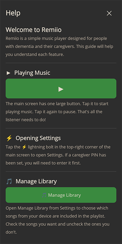 Remiio help screen