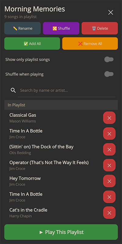 Customize playlist with drag/drop reordering and randomize, add, and remove buttons