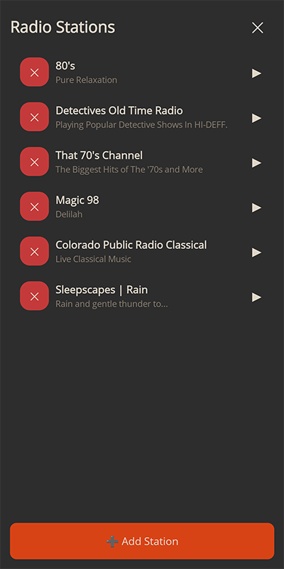 Screen with multiple radio stations in a list