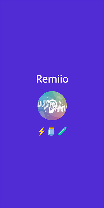 Remiio logo and emojis for a lightning bolt, jar, and testtube